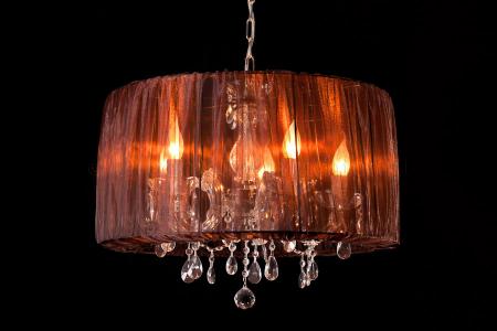 Lustre 5 ampoules Marie Therèse (verre/chrome) – Ø60cm avec abat-jour en organza marron - Lustres avec abat-jour