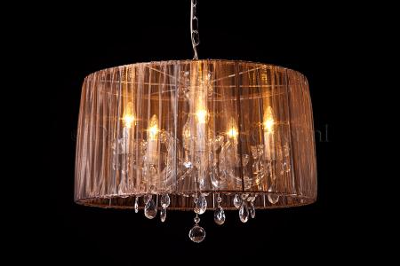 Lustre 5 ampoules Marie Therèse (verre/chrome) – Ø60cm avec abat-jour en organza marron or - Lustres avec abat-jour